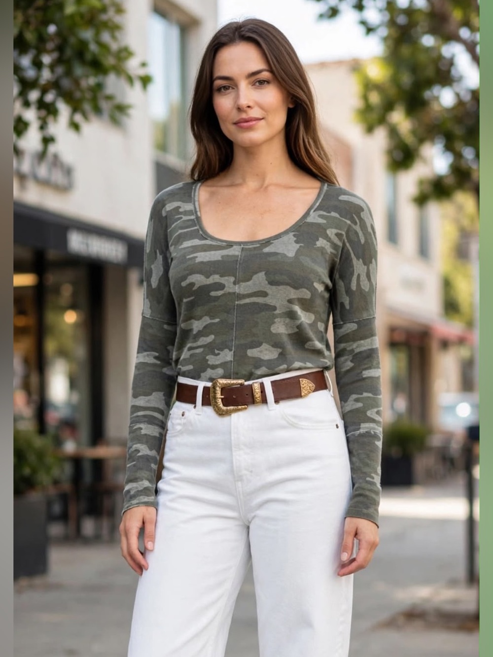 New Lucky Brand Camo Printed Scoop Neck Thermal Shirt - Long Sleeve